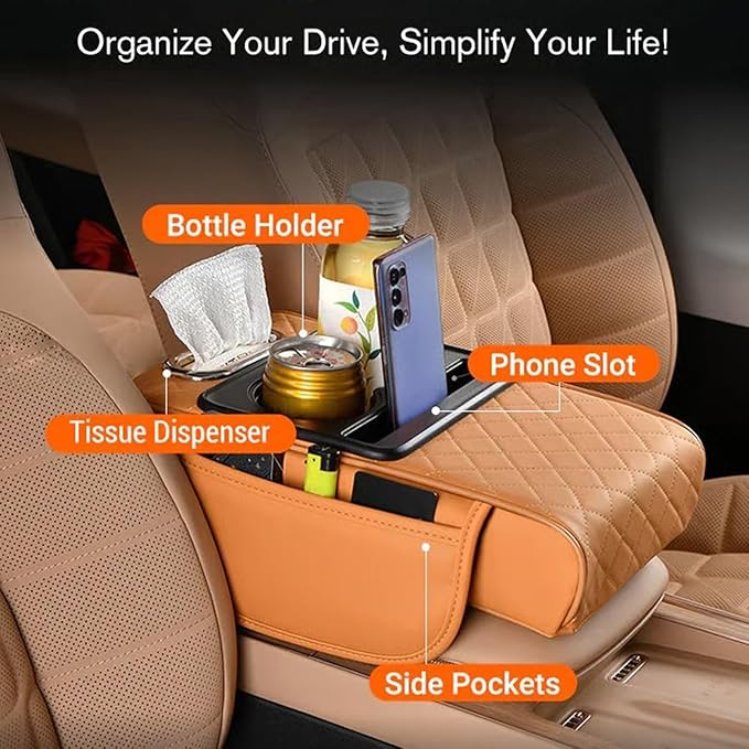 AHFBF Multifunctional Pu Leather Car Armrest Box Mat, Armrest Box Pad for Car, Leather Car Armrest Box Pad with Cup Holders, Car Armrest Box Mat, 5-in-1 Car Center Console Cover (Coffee)
