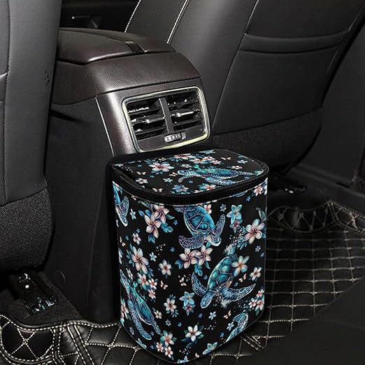 Turtle Floral Print Car Trash Can with Lid Collapsible Waterproof Cars Garage Bag Reusable Hanging Automotive Garbage Bin Cars Accessories Interior Car Organizer