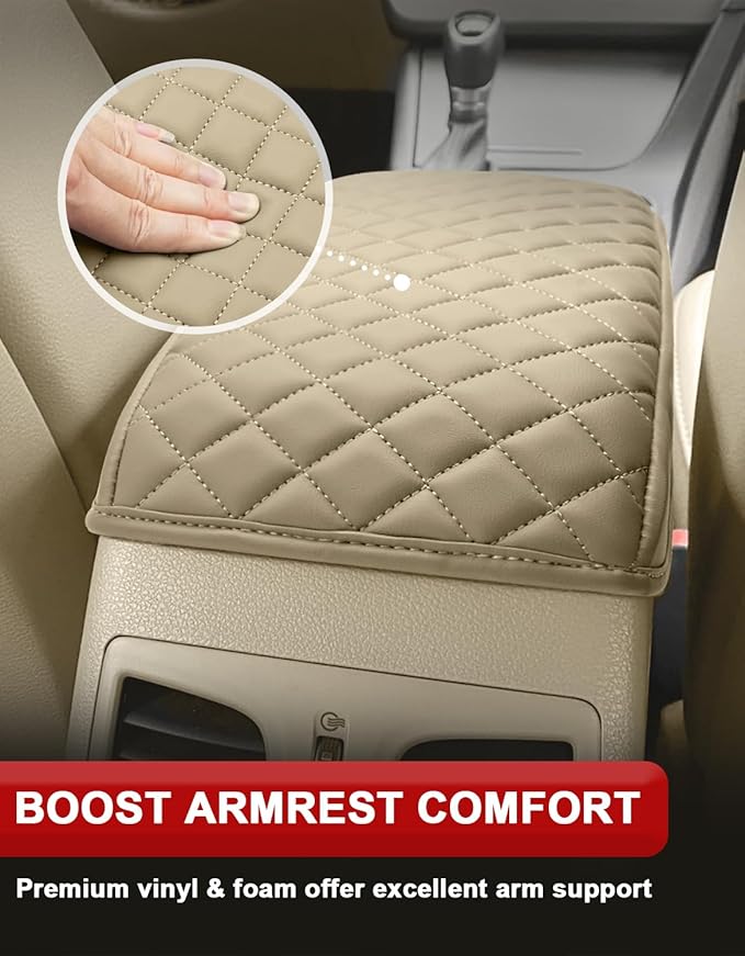 KBH Center Console Armrest Cover for Hyundai Sonata 2015 2016 2017 2018 2019, Middle Console Lid Protector Covering, PU Leather Interior Accessories, Beige