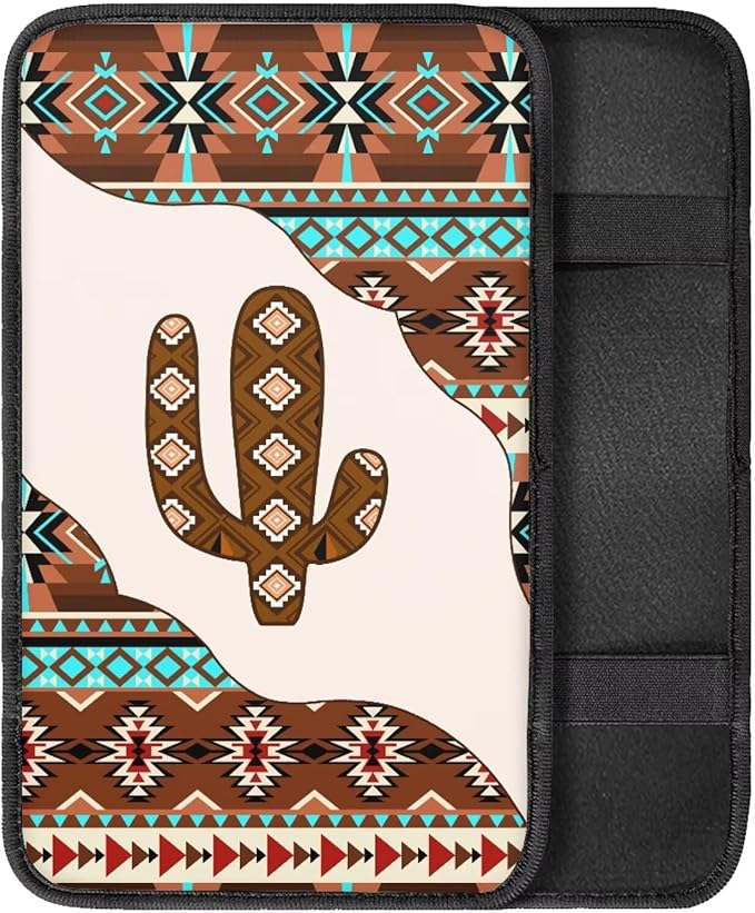 Vehicle Center Console Armrest Cover Pad, Universal Fit Soft Comfort Center Console Armrest Cushion for Car, Aztec Cactus