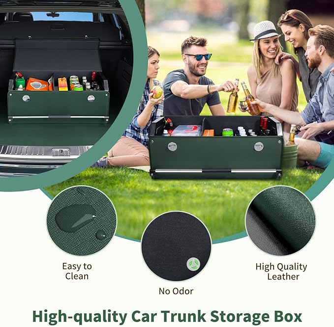 XCF Car Trunk Organizer, Leather Trunk Organizer with Lid and Push-pull Handle Car Trunk Storage Box for SUV, Minivan, Truck, Sedan (Green, 27.1 x 11.4 x 12.2in)