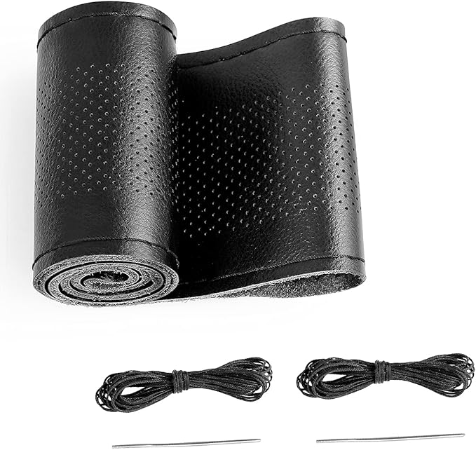 BELINOUS Leather Car Steering Wheel Cover, Stitch On Wrap (Size M5, Black)