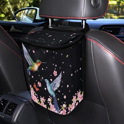 Pink Cherry Blossom Hummingbirds Car Trash Bin Interior Accessory Lightweight Auto Garbage Can Bag for Back Seat Washable Mini Car Trash Can with Lid