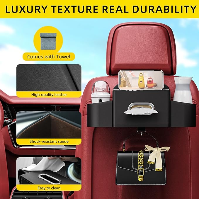 Back Seat Car Organizer with one Towel Leather wood materials Car Back Seat Storage Box 2 Drink Cup Holder Tissue Box for Hold Phone Drinks Handbag Compatible with Most Vehicles (Black)