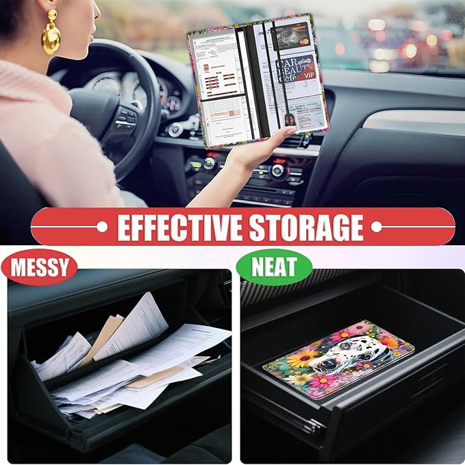 Car Registration Holder, Waterproof PU Leather Vehicle Card Document Glove Box Organizer, Women Interior Auto Accessories Case for Cards, Driver License Car Insurance Holder, Dalmatian Dog Floral