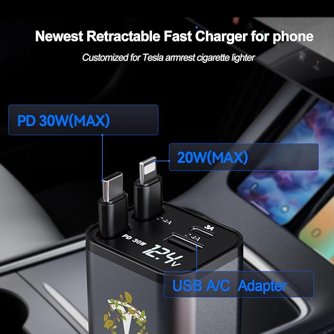 Retractable Fast Phone Charger Compatible with Tesla Model Y 3 X S, 4 in 1 Car Phone Charger Adapter 60W, USB C and Lightning Charger, Model Y 3 X S Accessories 2025-2018, 2.6ft
