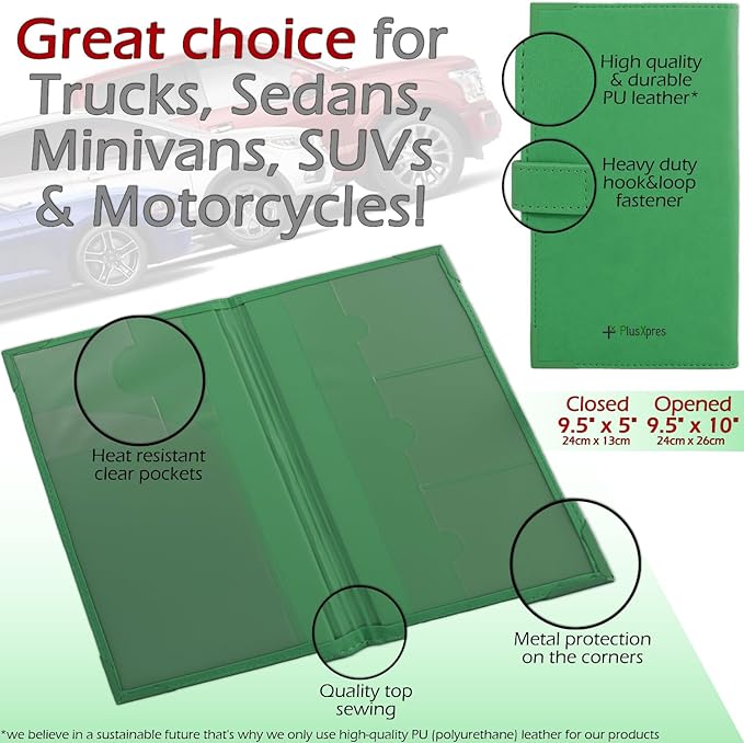 Auto Insurance and Registration Card Holder - Vehicle Glove Box Document Organizer - Car Essential Paperwork Holder for DMV, AAA, Contact Information Cards - Premium PU Leather Wallet Case - Green