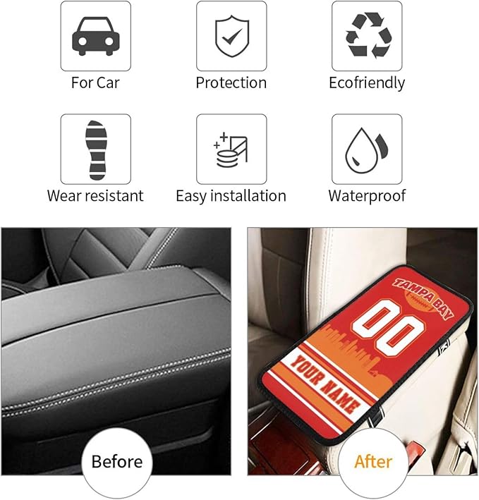 Custom Tampa Bay Car Armrest Covers Personalized Football Style with Name Number Customized Auto Center Console Pad Car Handrail Box Cushion for Most Vehicle Decor Accessories, Fans Gift