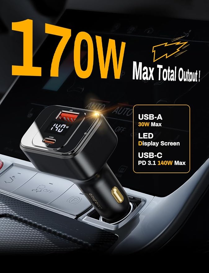 Degeca USB C Car Charger Fast Charging 170W, PD3.1 Single Type-C Port Max Output Power 140W Car Charger with Real-Time Display for MacBook, Laptop, iPhone 17/16/15, Samsung S25, Drone and More Black