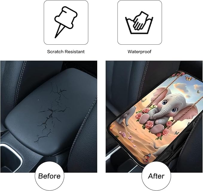 JANENFNA Car Armrest Cover Pads Universal Fashion Cute Auto Center Console Armrest Cover Pad with 2PCS Car Coasters Soft Waterproof Car Armrest Seat Protector for Women,Baby Elephant on Swing-A