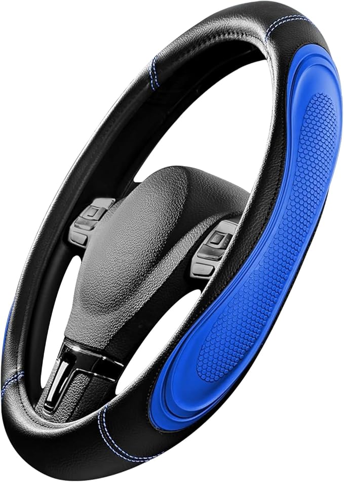 Blue Film Splicing Leather Steering Wheel Cover, Microfiber Leather, Anti-Slip, Breathable, Universal Fit for 14.5–15 in Steering Wheel Cover for Men Women