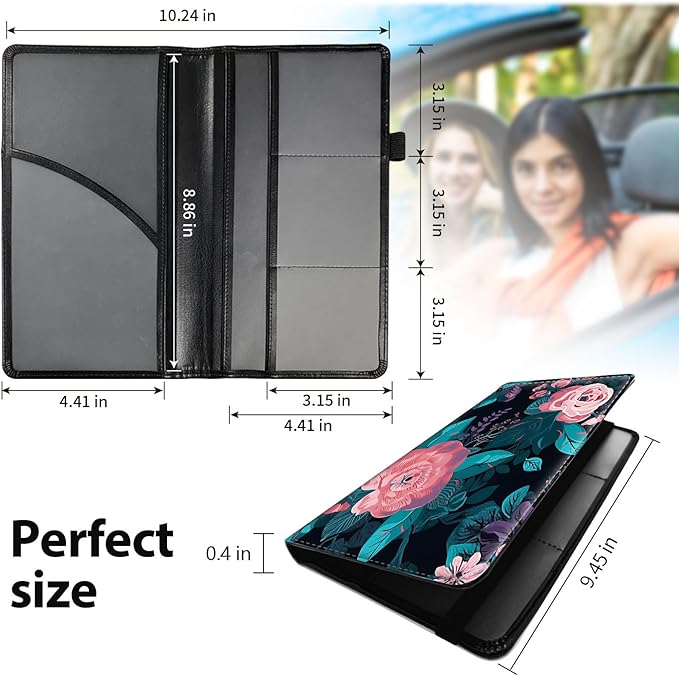 Mxfdegf Car Registration and Insurance Holder, Leather Car Glove Box Organizer, Cool Car Accessories for ID, Driver's License Cards & Essential Document,business cards,Men&Women,Pink Flowers