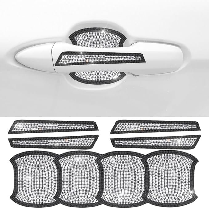 8Pcs Bling Car Door Handle Protector Stickers,Crystal Rhinestone Glitter Car Door Handles Cup Scratch Protectors Decals Universal (Black White)