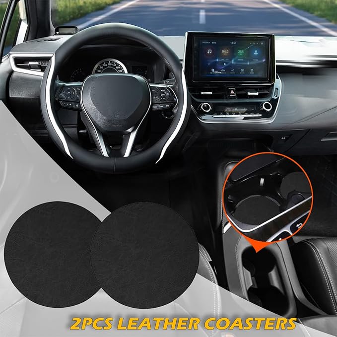 Muamos Steering Wheel Cover Black White, Carbon Fiber Car Steering Wheel Covers with Coasters Universal 14.5-15 inch Leather Microfiber Breathable Anti-Slip Steering Wheel Accessories Set