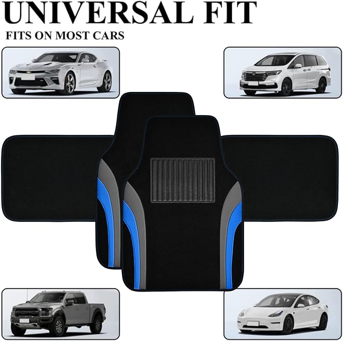 CAR PASS Leather Sporty Car Floor Mats Carpet, Universal Waterproof Automotive Floor Mat Fit for Sedans, Cars, Mid Trucks, Vans, SUV, Set of 4 (Black and Blue)