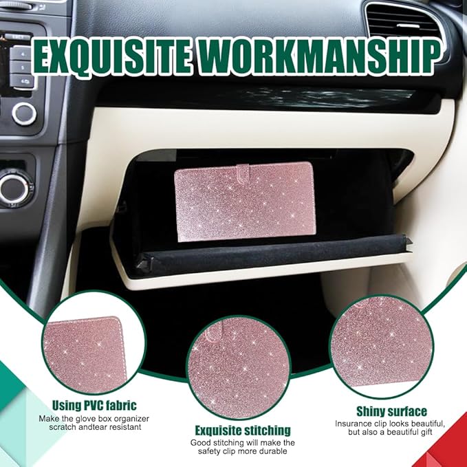 Vehicle Glove Box Car Organizer, Car Registration and Insurance Holder, Insurance Card Holder for Cars, Leather Card Holder Interior Auto Accessories for Women (Glitter-Pink)