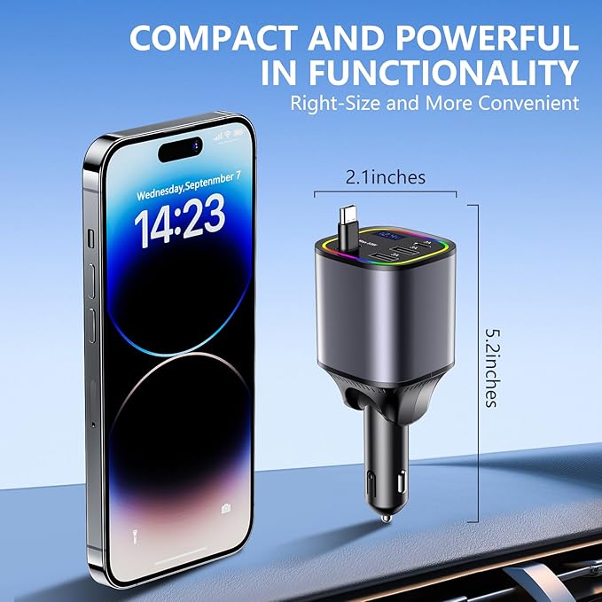 Retractable Car Charger, 4 in 1 Fast Car Charger 78W, with Type C, 2 USB-A Ports and 1 USB-C Port for Fast Charging, Compatible with iPhone 16/15/14/13/12/11, Galaxy, Pixel (Grey)