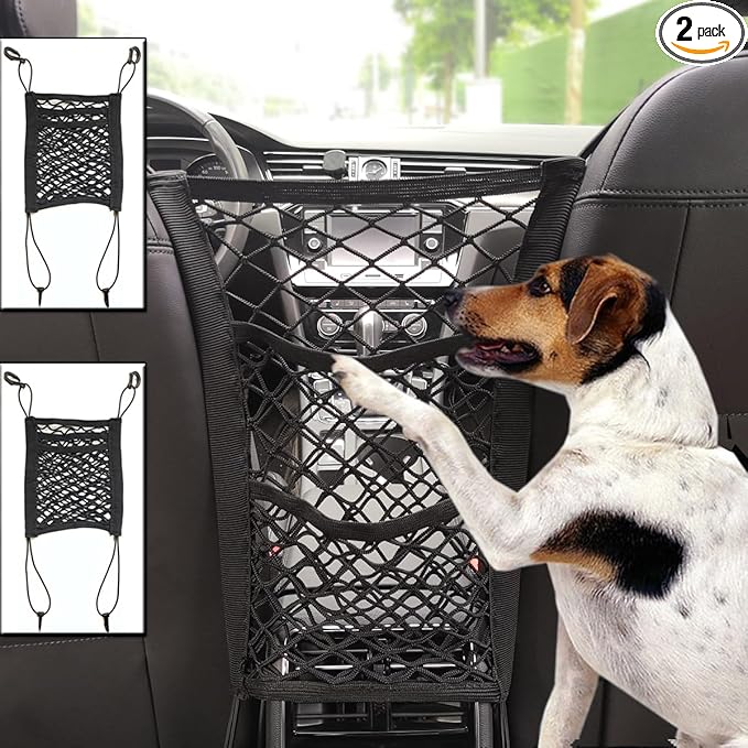 2 Pack Car Mesh Organizer, Dog Car Net Barrier Pet Barrier Stretchable Storage Handbag Holder Between Seats Universal for Cars SUVs, Car Divider for Driving Safely with Children and Pets