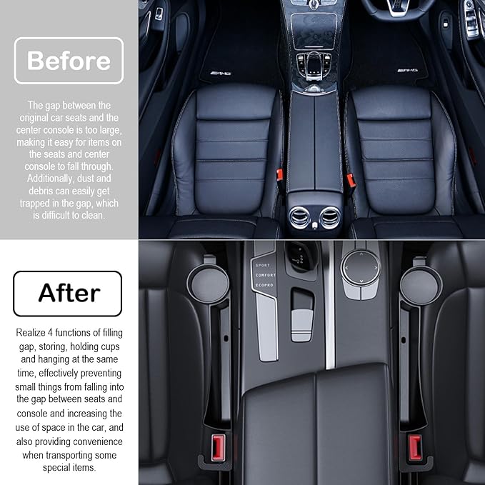 Car Seat Gap Plug with Storage Slot, Auto Gap Filler Organizer with Cup Holder, Universal Carseat Side Gap Filler Strip 2 Pack Between Front Seats & Console, Anti-Drop Pad with Seatbelt Holes, Black