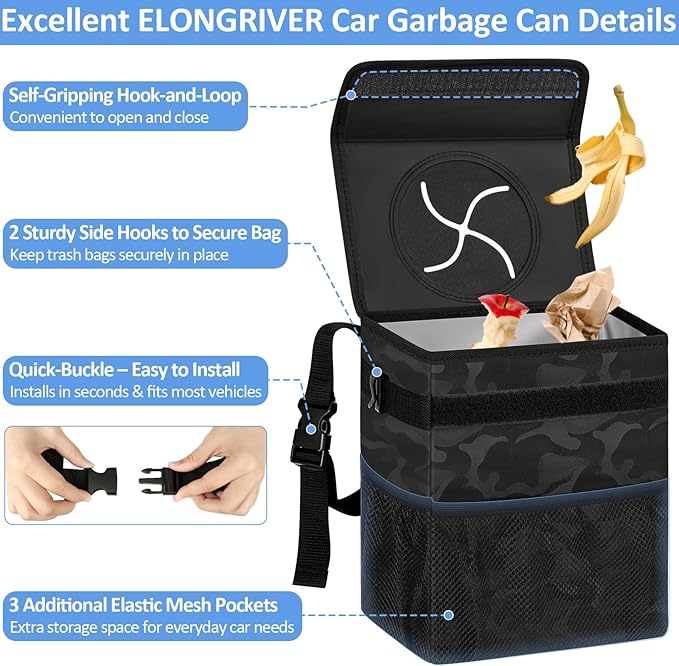 Car Trash Can Bin for Back Seat Leak Proof, Cute Car Trash Bag Hanging, Vehicle Trash Can for SUV Truck Van, Automotive Garbage Cans Front Seat Camo Black