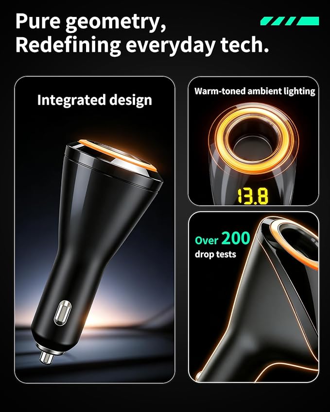 Cigarette Lighter Splitter, 4-in-1 Cigarette Lighter Adapter with 65W USB C PD3.0 & 22.5W QC3.0 Fast Charging + LED Voltage Display & Expandable 12V Socket Car Charger for iPhone 17/16/15 Samsung S25