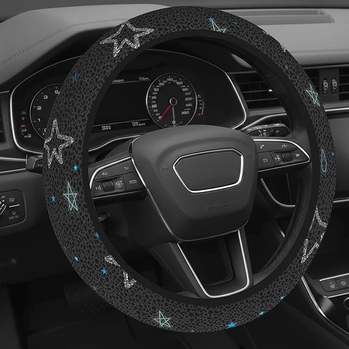 Cute Steering Wheel Cover for Women, Machine Washable Universal 14.5-15.5 inch Non-Slip Grip All Weather Use (Gray Leopard Stars)