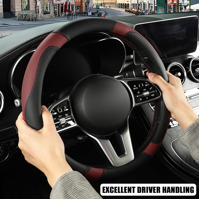 Binsheo Microfiber Leather Steering Wheel Cover Large Size for Ford F150 F250 F350 RAM 4Runner Tacoma Tundra Sequoia Model S Model X, Breathable, Anti Slip, 15.5 inch to 16 inch, Black with Burgundy