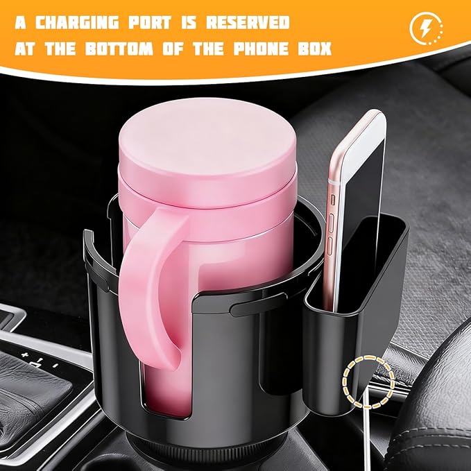 Car Cup Holder Expander, 2 in 1 Expandable Base Vehicle Cupholder Adapter with Phone Holder, Automotive Interior Water Bottle Insert Extender, Universal for SUV RV Truck
