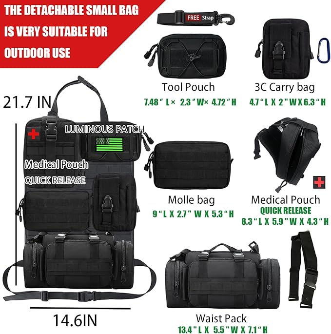 AIAUTOAIEV 7 PACK Tactical Seat back organizer Truck organizer With 6 Detachable Pouches Universal For Car Truck Ford Jeep Military-Grade Heavier Panels With Multi-functional Packs (Black)