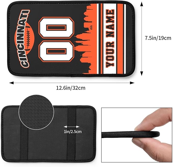 Custom Cincinnati Car Armrest Covers Personalized Football Style with Name Number Customized Auto Center Console Pad Car Handrail Box Cushion for Most Vehicle Decor Accessories, Fans Gift