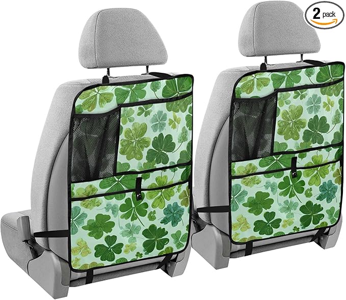 2 Pack Back Seat Car Organizer with Storage Pockets Kick Mats Back Seat Protector Hanging Car Organizer Automotive Seat Back Cover Organizers Green Nature St Patrick Clovers