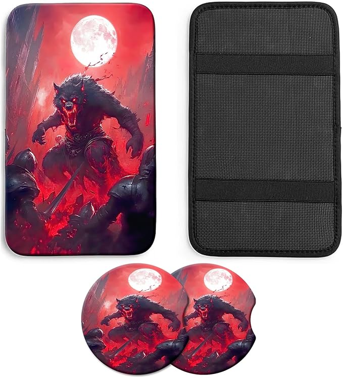 JANENFNA Car Armrest Cover Pads Universal Fashion Cute Auto Center Console Armrest Cover Pad with 2PCS Car Coasters Soft Waterproof Car Armrest Seat Protector for Women,Blood-Colored Giant Wolf