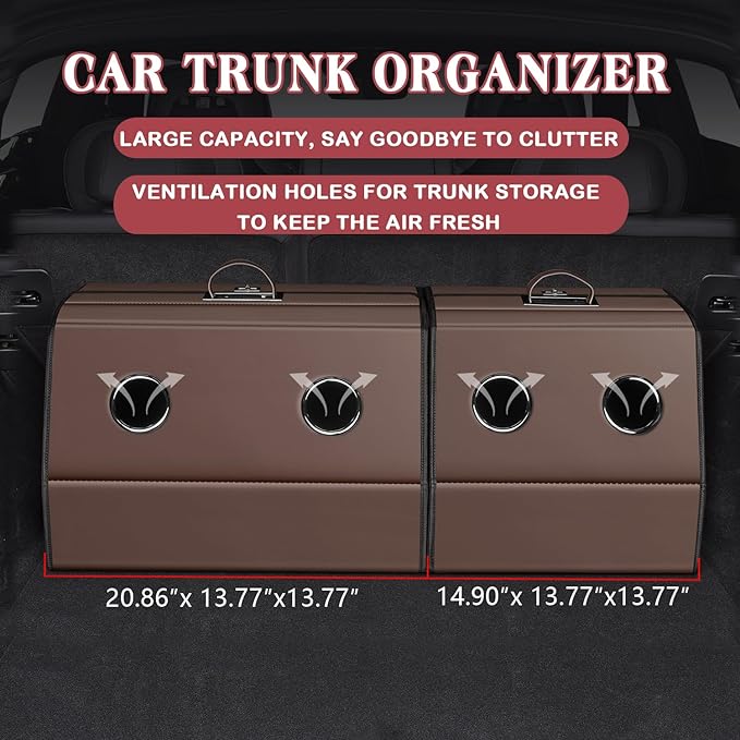 HOLDCY Car Trunk Organizer - Waterproof & Easy to Clean – Expand Your Storage Space - Adjustable Compartments and Foldable Trunk Organizer Fits Cars, SUVs, Trucks (Brown, 14.90'' x 13.77'' x 13.77'')