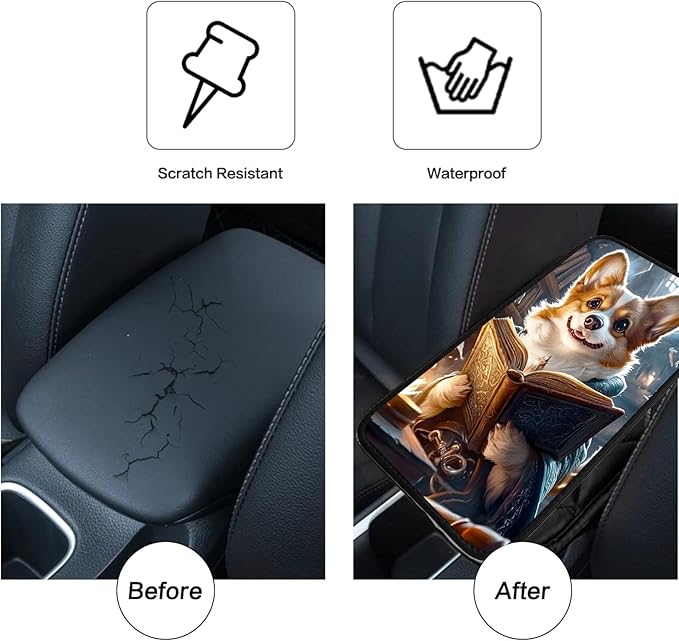 JANENFNA Car Armrest Cover Pads Universal Fashion Cute Auto Center Console Armrest Cover Pad with 2PCS Car Coasters Soft Waterproof Car Armrest Seat Protector for Women,Magical Book Puppy