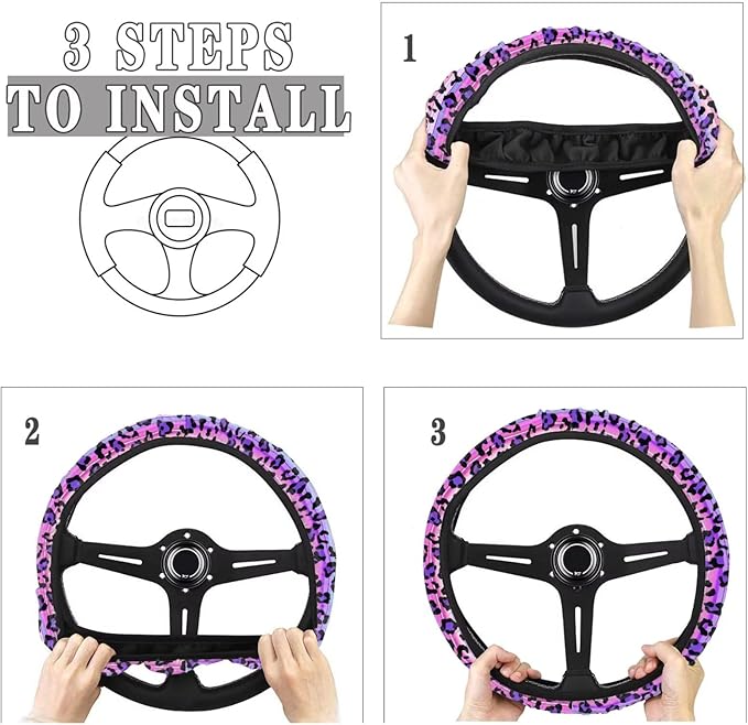 Universal Non-Slip Steering Wheel Cover, 15-inch Polyester Material Driving Accessories, Adjustable for Car and Truck(Pink Purple Gradient Leopard)