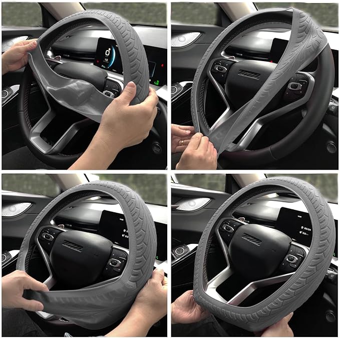 Universal Gray Steering Wheel Cover：13.5 to 15 Inches Flexible Silicone Anti Slip Steering Wheel Protector Fit for Most Car Models Including Round D Shape or Special Shape