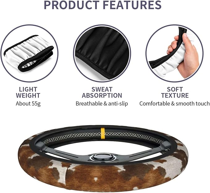 Western Cow Print Steering Wheel Cover Elastic Non-Slip Car Steering Wheel Covers with Seat Belt Shoulder Pad for Women Men