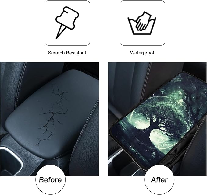 JANENFNA Car Armrest Cover Pads Universal Fashion Cute Auto Center Console Armrest Cover Pad with 2PCS Car Coasters Soft Waterproof Car Armrest Seat Protector for Women,World Tree