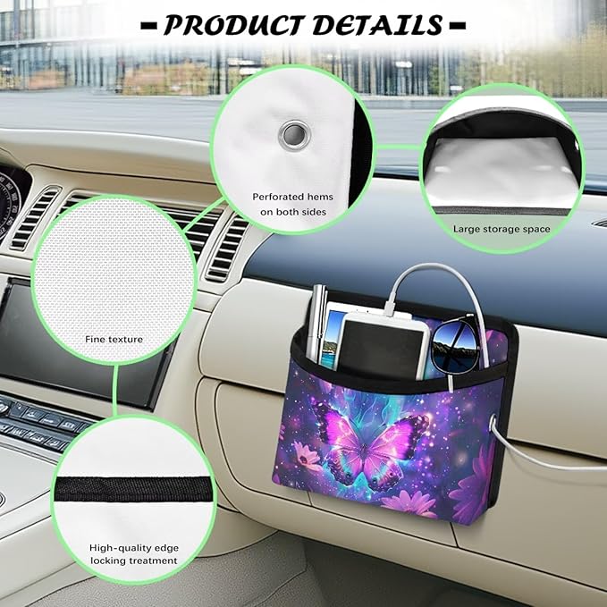 Renewold Purple Butterfly Flower Auto Front Rear Seat Storage Bag for Cell Phone Sunglasses Coin Car Side Pocket Organizer Holder Tray Pouch for Vehicle Seat Console Door Multifunction for Home Office