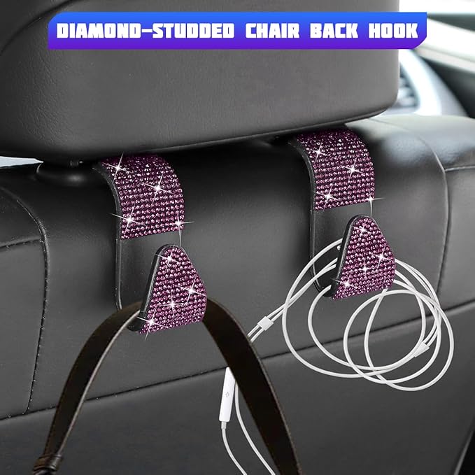 Bling Car Seat Headrest Hooks, 4PCS Crystal Rhinestone Vehicle Back Seat Hanger Holder for Handbags Purses Coats, Automotive Headrest Storage Organizer, Universal for RV SUV Truck (Purple)