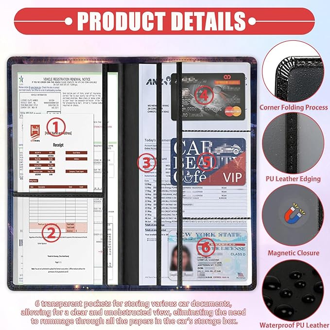 Car Document Holder with Magnetic Shut, Car Registration & Insurance Card Holder, Waterproof PU Leather Glove Box Organizer Vehicle Accessories Driver License for Women/Men, Dragonfly Pattern