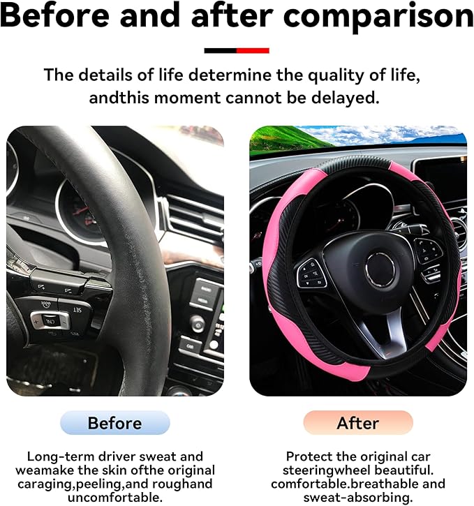 Car Steering Wheel Cover, 15 inch Carbon Fiber Microfiber PU Leather Elastic Steering Wheel Protector for Men Women, Anti-Slip Breathable Car Interior Accessories for Most Cars (Pink)
