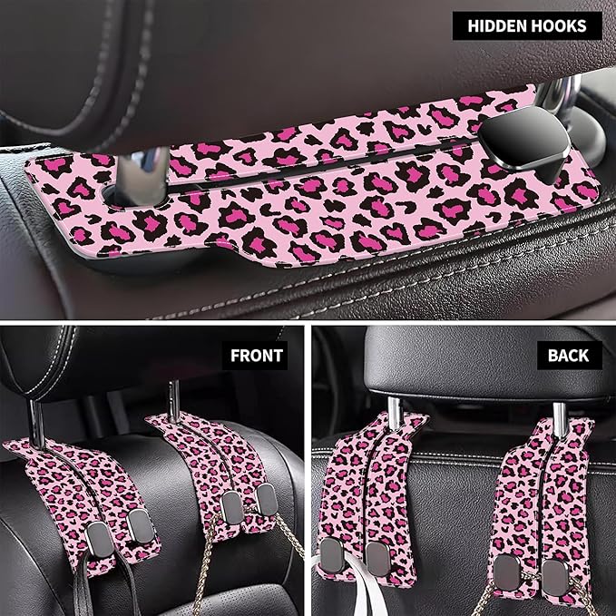 AEWNUNK Car Seat Headrest Hooks for Purses and Bags Abstract Pink Leopard 1 Pack Bag Purse Holder for Car with Double Metal Hooks Car Purse Hanger Hanging Accessories