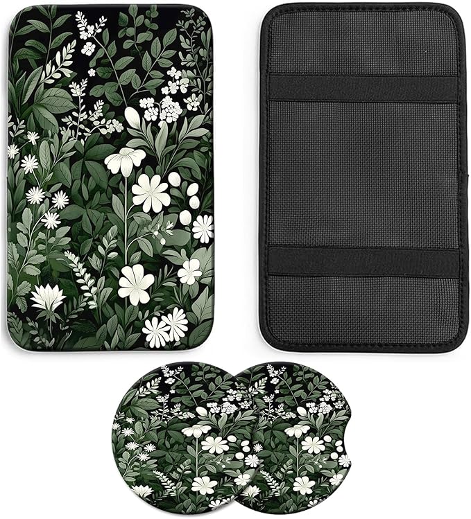 JANENFNA Car Armrest Cover Pads Universal Fashion Cute Auto Center Console Armrest Cover Pad with 2PCS Car Coasters Soft Waterproof Car Armrest Seat Protector for Women,White Flowers