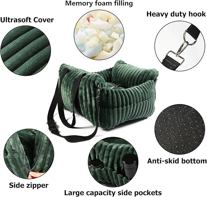 HOMLOVE Dog Car Booster Seat, for Small Dogs Under 30 lbs, Detachable Washable Travel Bed with Storage Pockets and Safety Belt (Green, Medium)