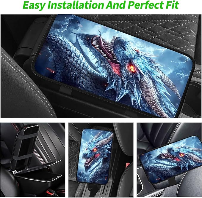 JANENFNA Car Armrest Cover Pads Universal Fashion Cute Auto Center Console Armrest Cover Pad with 2PCS Car Coasters Soft Waterproof Car Armrest Seat Protector for Women,Ice Dragon