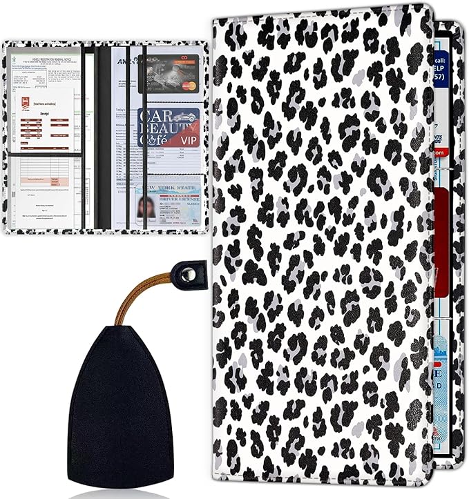 Car Registration Holder, Waterproof PU Leather Vehicle Card Document Glove Box Organizer, Women Interior Auto Accessories Case for Cards, Driver License Car Insurance Holder, Animal Skin Leopard Print
