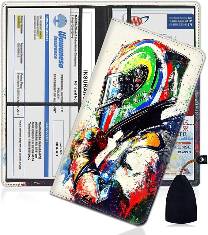 Car Document Holder with Magnetic Shut, Car Registration and Insurance Card Holder, Vehicle Glove Box Organizer Documents, Driver License, Auto Paperwork Organizer Wallet, Colorful Helmet Racing