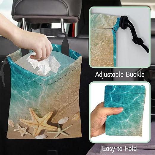 NHNXHWIA Starfish Seashell Car Trash Bag,Hanging Drawstring Car Garbage Bag,Waterproof Canvas Car Back Seat Organizer with Adjustable Buckle,for Vehicles,SUVs,Camping,Road Trips