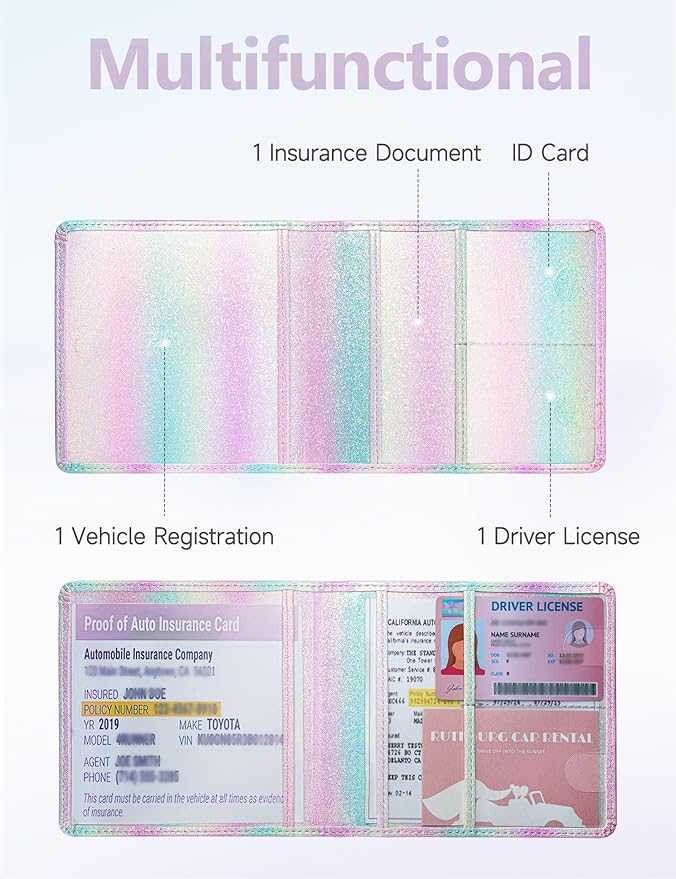 Mymazn Car Registration and Insurance Holder, PU Leather Glove Box Car Organizer with Magnetic Closure for Driver's License & Essential Documents, Iridescent